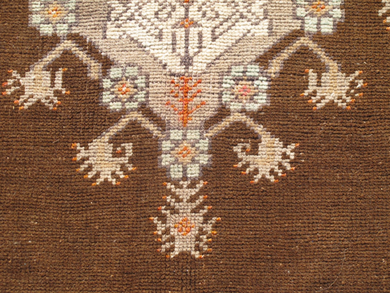 Vintage Turkish Medallion Oushak in Brown, Taupe, Gray, silver and Orange Measures: 5'1 x 8'10 This Turkish Oushak features a chocolate - brown background with a light gray and taupe border. The vibrant pop of orange color balances beautifu... - Keivan Woven ArtsEN - 6301 - 3824Rug
