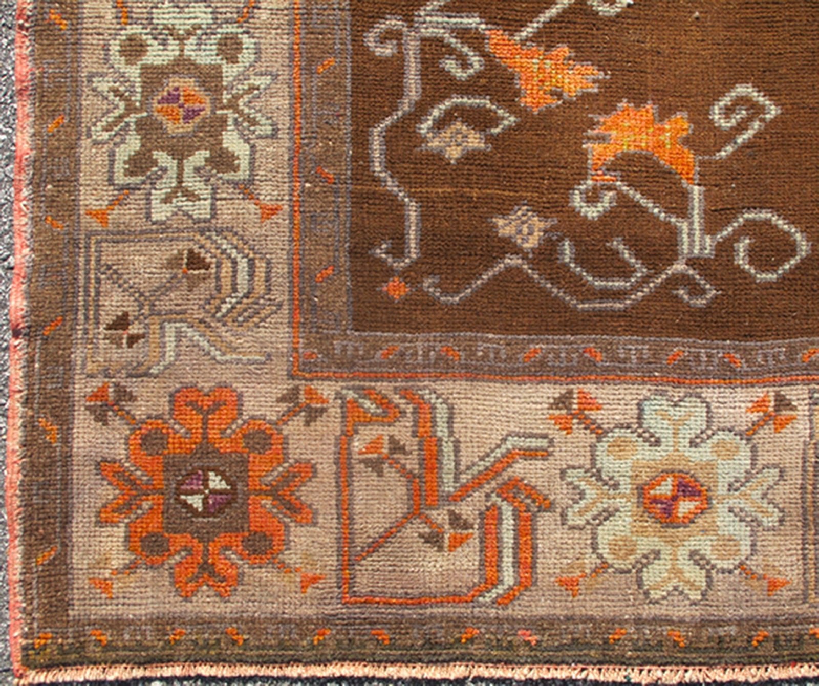 Vintage Turkish Medallion Oushak in Brown, Taupe, Gray, silver and Orange Measures: 5'1 x 8'10 This Turkish Oushak features a chocolate - brown background with a light gray and taupe border. The vibrant pop of orange color balances beautifu... - Keivan Woven ArtsEN - 6301 - 3824Rug