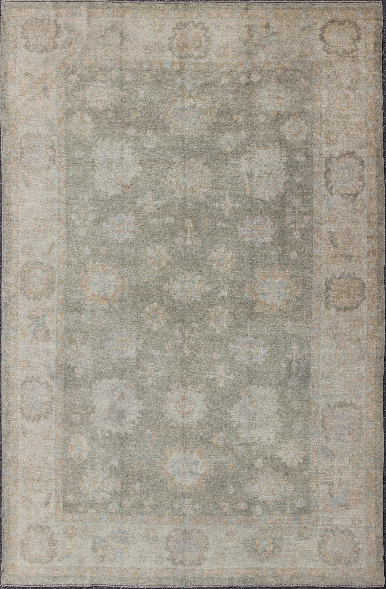 Large Turkish Oushak Rug with Large - Scale All - Over Blossom Design in Taupe, Pale Moss Green and Cream. Large Oushak Rug From Turkey in Light Moss Green, cream & Taupe and touch of light blue colors. Keivan Woven Arts/ rug EN - 637, country of or... - Keivan Woven ArtsEN - 637 - 3618Rug