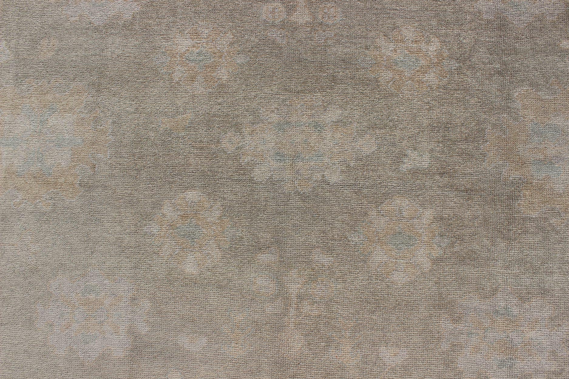 Large Turkish Oushak Rug with Large - Scale All - Over Blossom Design in Taupe, Pale Moss Green and Cream. Large Oushak Rug From Turkey in Light Moss Green, cream & Taupe and touch of light blue colors. Keivan Woven Arts/ rug EN - 637, country of or... - Keivan Woven ArtsEN - 637 - 3618Rug