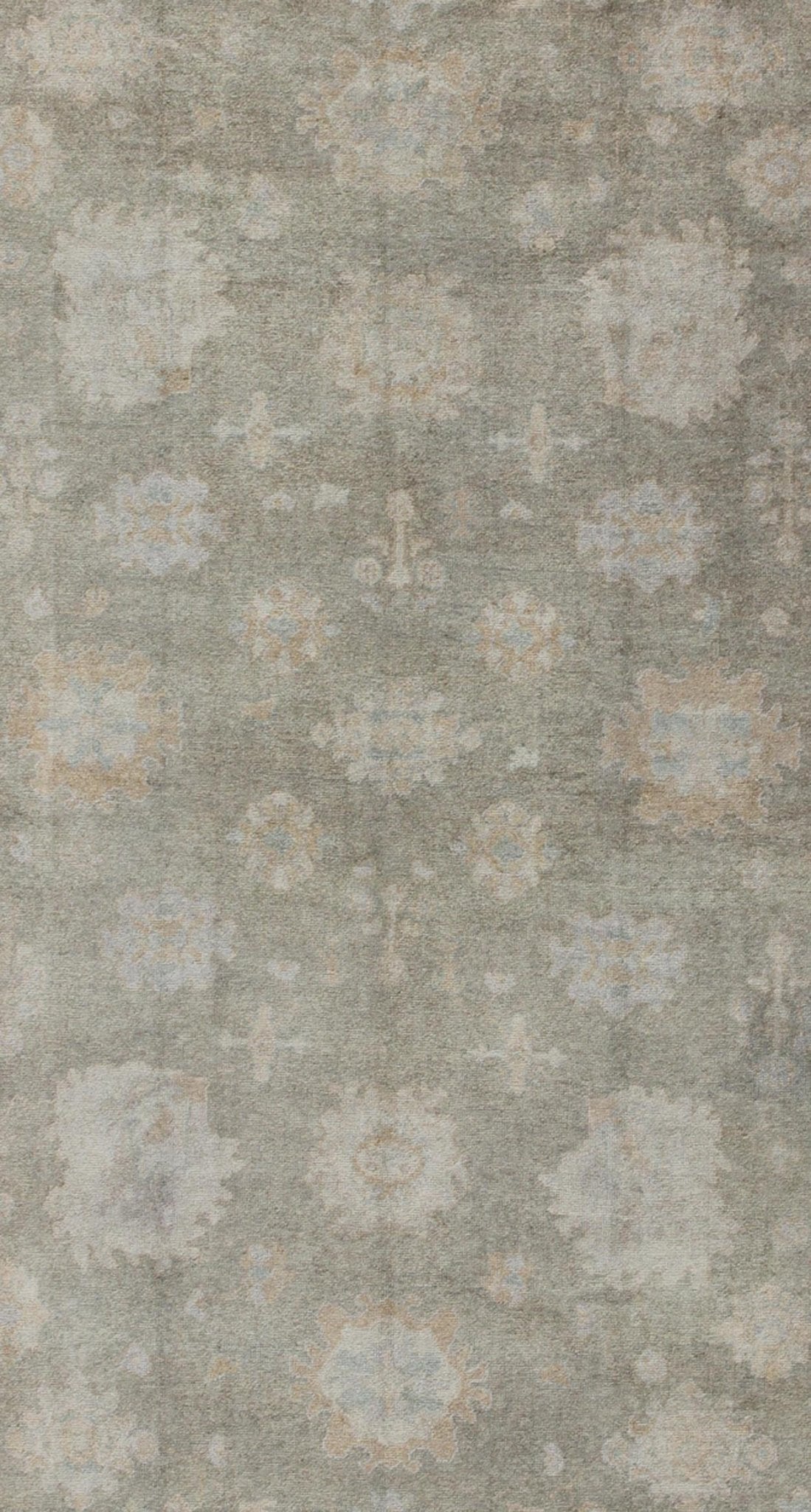 Large Turkish Oushak Rug with Large - Scale All - Over Blossom Design in Taupe, Pale Moss Green and Cream. Large Oushak Rug From Turkey in Light Moss Green, cream & Taupe and touch of light blue colors. Keivan Woven Arts/ rug EN - 637, country of or... - Keivan Woven ArtsEN - 637 - 3618Rug
