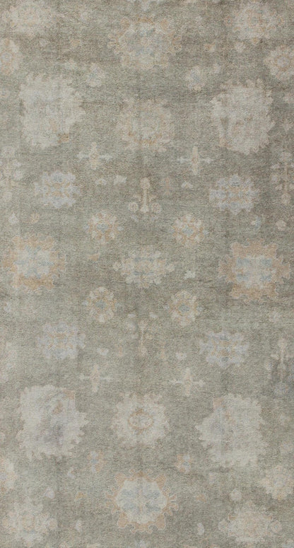 Large Turkish Oushak Rug with Large - Scale All - Over Blossom Design in Taupe, Pale Moss Green and Cream. Large Oushak Rug From Turkey in Light Moss Green, cream & Taupe and touch of light blue colors. Keivan Woven Arts/ rug EN - 637, country of or... - Keivan Woven ArtsEN - 637 - 3618Rug