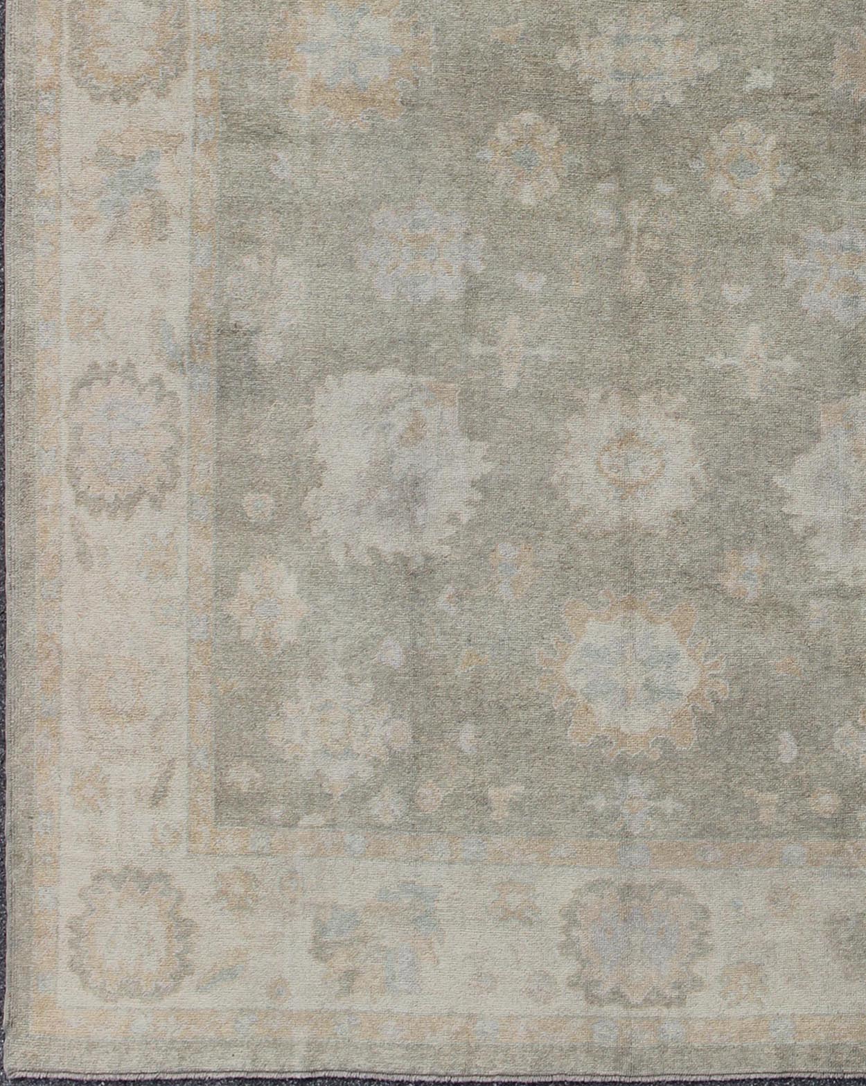Large Turkish Oushak Rug with Large - Scale All - Over Blossom Design in Taupe, Pale Moss Green and Cream. Large Oushak Rug From Turkey in Light Moss Green, cream & Taupe and touch of light blue colors. Keivan Woven Arts/ rug EN - 637, country of or... - Keivan Woven ArtsEN - 637 - 3618Rug