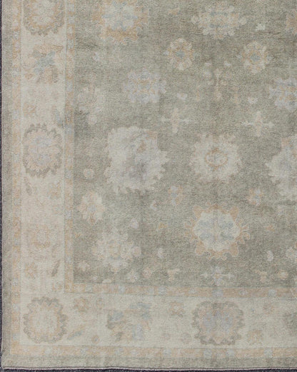 Large Turkish Oushak Rug with Large - Scale All - Over Blossom Design in Taupe, Pale Moss Green and Cream. Large Oushak Rug From Turkey in Light Moss Green, cream & Taupe and touch of light blue colors. Keivan Woven Arts/ rug EN - 637, country of or... - Keivan Woven ArtsEN - 637 - 3618Rug