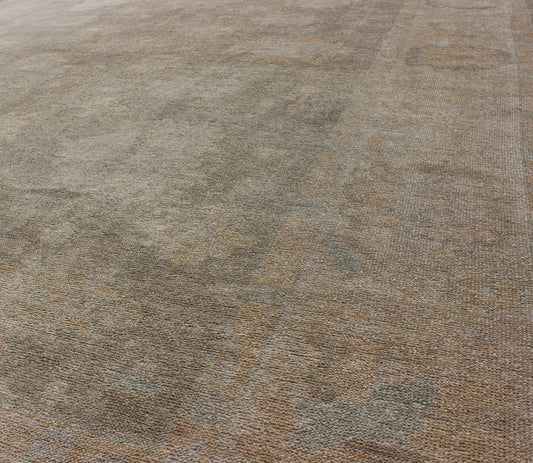 Large Turkish Oushak Rug with Large - Scale All - Over Blossom Design in Taupe, Pale Moss Green and Cream. Large Oushak Rug From Turkey in Light Moss Green, cream & Taupe and touch of light blue colors. Keivan Woven Arts/ rug EN - 637, country of or... - Keivan Woven ArtsEN - 637 - 3618Rug