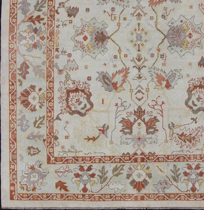 Turkish Oushak Rug with Muted Color. Measures: 10'1 x 12'5. This traditional Oushak rug from Turkey features a subdued, neutral color palette and an all - over design of floral shapes, surrounded beautifully by an all - encompassing, complementary bo... - Keivan Woven ArtsEN - 649 - 4858Rug