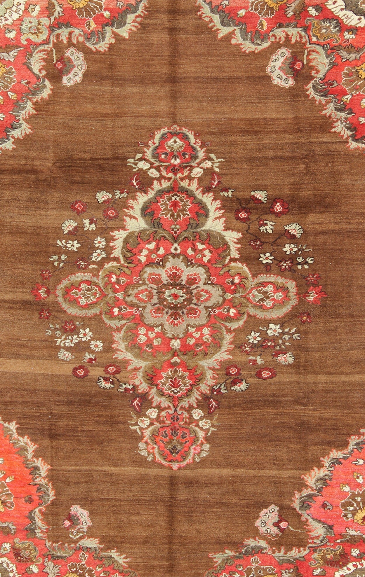 Vintage Turkish Rug with Unique Colors in Brown, Taupe, Green and Gray Measures: 8'8 x 11'3. This very unique carpet, from eastern Turkey, displays a brown background with a gray/taupe border. The orange corners add vibrancy to the rug whil... - Keivan Woven ArtsEN - 677 - 3830Rug