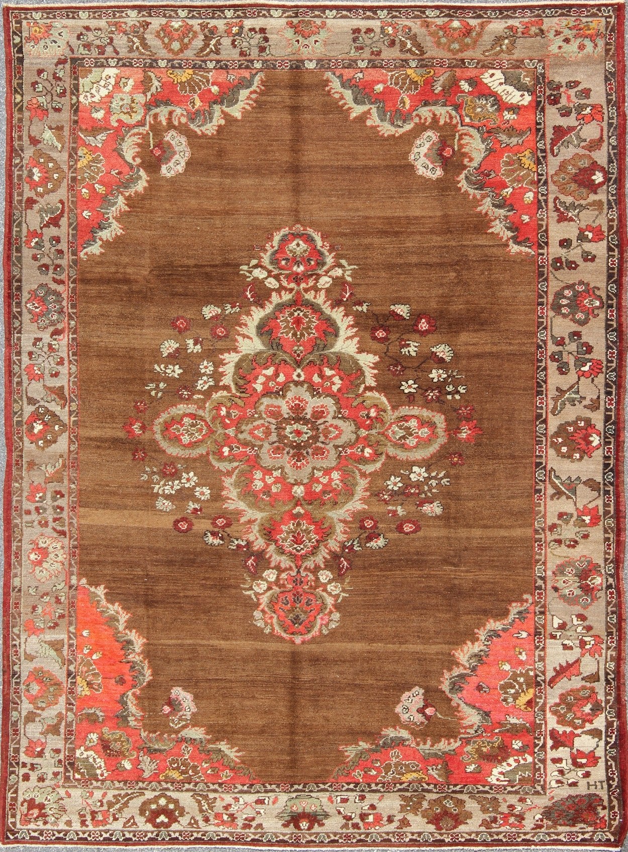 Vintage Turkish Rug with Unique Colors in Brown, Taupe, Green and Gray Measures: 8'8 x 11'3. This very unique carpet, from eastern Turkey, displays a brown background with a gray/taupe border. The orange corners add vibrancy to the rug whil... - Keivan Woven ArtsEN - 677 - 3830Rug