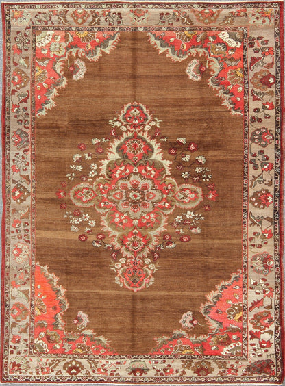 Vintage Turkish Rug with Unique Colors in Brown, Taupe, Green and Gray Measures: 8'8 x 11'3. This very unique carpet, from eastern Turkey, displays a brown background with a gray/taupe border. The orange corners add vibrancy to the rug whil... - Keivan Woven ArtsEN - 677 - 3830Rug