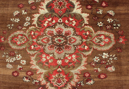 Vintage Turkish Rug with Unique Colors in Brown, Taupe, Green and Gray Measures: 8'8 x 11'3. This very unique carpet, from eastern Turkey, displays a brown background with a gray/taupe border. The orange corners add vibrancy to the rug whil... - Keivan Woven ArtsEN - 677 - 3830Rug