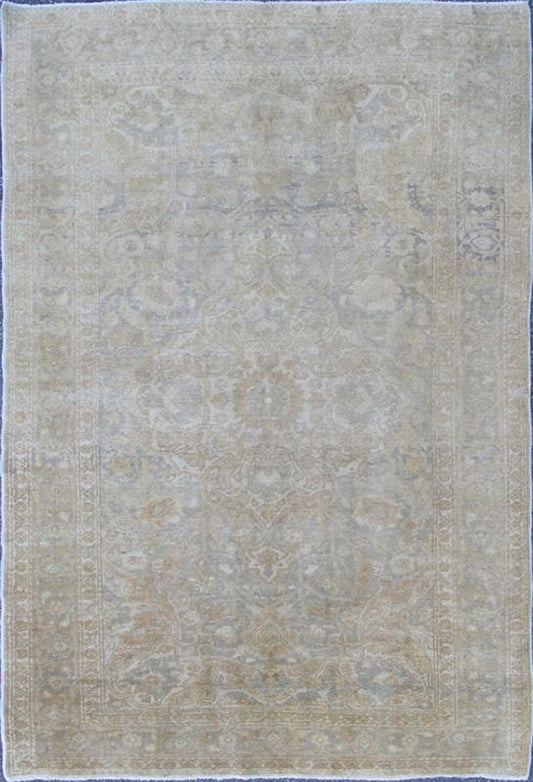 Gray Faded Vintage Fine Turkish Sivas Rug With Floral Motifs and Medallion With a Light Tan Field. Keivan Woven Arts / rug EN - 777, country of origin / type: Turkey / Oushak, circa mid - 20th century. Measures: 5'1 x 7'10. Fine Sivas rugs from weste... - Keivan Woven ArtsEN - 777 - 3856Rug