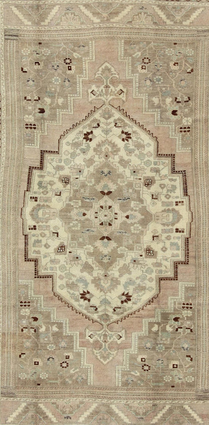 Charming Vintage Oushak Rug in Brown Border, Taupe, Blush and Gray/Green This rug showcases a large central medallion surrounded by a gentle pink color. A cream medallion is filled with floral designs of pale blue, light green, and shades of ne... - Keivan Woven ArtsEN - 786 - 3806Rug