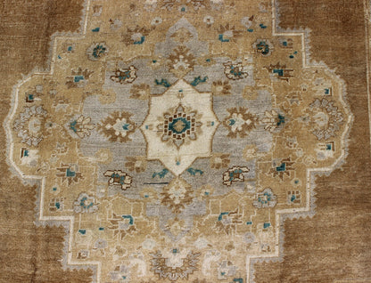 Vintage Oushak Turkish Rug in Light Golden Brown, Tan, and Teal - Green Accents. Vintage Oushak Turkish Rug in Light Golden Brown, Tan, and Teal - Green Accents. Keivan Woven Arts / rug /EN - 799, country of origin / type: Turkey / Oushak, circa 1930... - Keivan Woven ArtsEN - 799 - 3850Rug