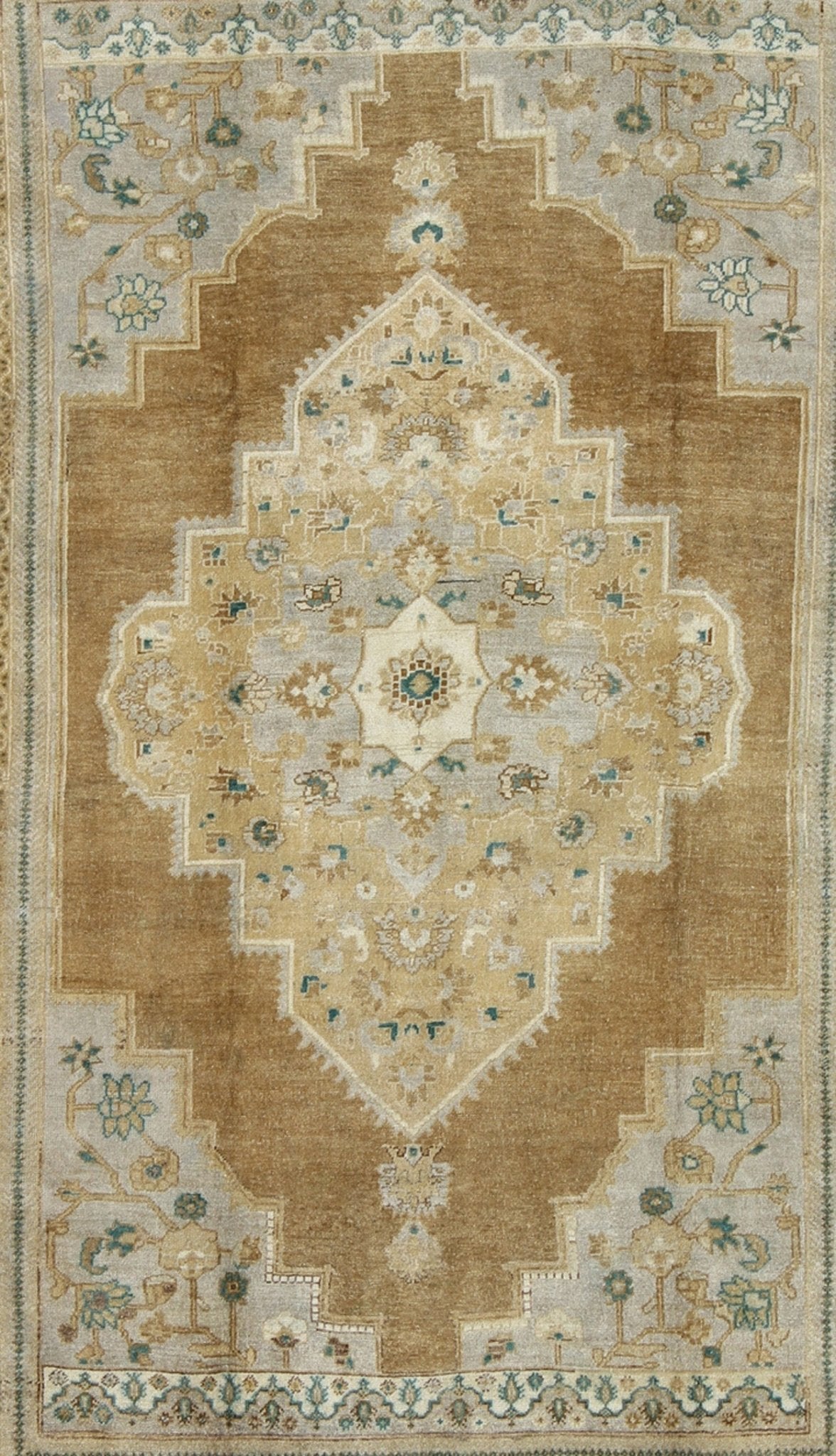 Vintage Oushak Turkish Rug in Light Golden Brown, Tan, and Teal - Green Accents. Vintage Oushak Turkish Rug in Light Golden Brown, Tan, and Teal - Green Accents. Keivan Woven Arts / rug /EN - 799, country of origin / type: Turkey / Oushak, circa 1930... - Keivan Woven ArtsEN - 799 - 3850Rug