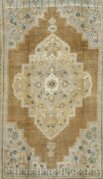 Vintage Oushak Turkish Rug in Light Golden Brown, Tan, and Teal - Green Accents. Vintage Oushak Turkish Rug in Light Golden Brown, Tan, and Teal - Green Accents. Keivan Woven Arts / rug /EN - 799, country of origin / type: Turkey / Oushak, circa 1930... - Keivan Woven ArtsEN - 799 - 3850Rug