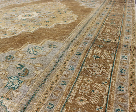 Vintage Oushak Turkish Rug in Light Golden Brown, Tan, and Teal - Green Accents. Vintage Oushak Turkish Rug in Light Golden Brown, Tan, and Teal - Green Accents. Keivan Woven Arts / rug /EN - 799, country of origin / type: Turkey / Oushak, circa 1930... - Keivan Woven ArtsEN - 799 - 3850Rug