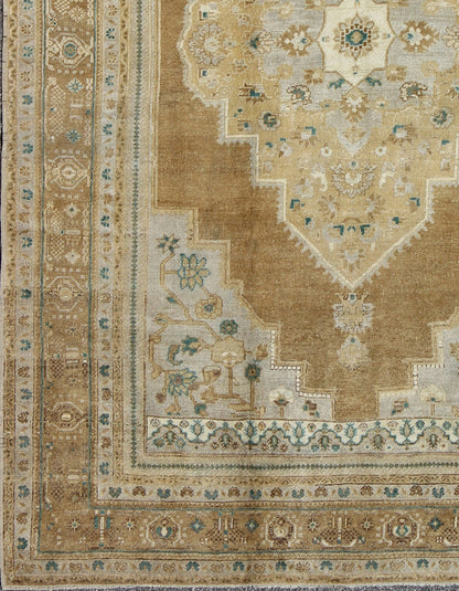 Vintage Oushak Turkish Rug in Light Golden Brown, Tan, and Teal - Green Accents. Vintage Oushak Turkish Rug in Light Golden Brown, Tan, and Teal - Green Accents. Keivan Woven Arts / rug /EN - 799, country of origin / type: Turkey / Oushak, circa 1930... - Keivan Woven ArtsEN - 799 - 3850Rug