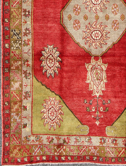 Turkish Konya Rug With Medallion in Red, Lime Green, Gray, Yellow, and Ivory. Country of Origin: Turkey; Type: Oushak; Design: Medallion; Keivan Woven Arts: rug EN - 831; Vintage Turkish Oushak, Mid - 20th Century Measures: 6'5 x 9'8. This b... - Keivan Woven ArtsEN - 831 - 3465Rug