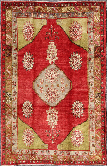 Turkish Konya Rug With Medallion in Red, Lime Green, Gray, Yellow, and Ivory. Country of Origin: Turkey; Type: Oushak; Design: Medallion; Keivan Woven Arts: rug EN - 831; Vintage Turkish Oushak, Mid - 20th Century Measures: 6'5 x 9'8. This b... - Keivan Woven ArtsEN - 831 - 3465Rug