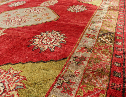 Turkish Konya Rug With Medallion in Red, Lime Green, Gray, Yellow, and Ivory. Country of Origin: Turkey; Type: Oushak; Design: Medallion; Keivan Woven Arts: rug EN - 831; Vintage Turkish Oushak, Mid - 20th Century Measures: 6'5 x 9'8. This b... - Keivan Woven ArtsEN - 831 - 3465Rug