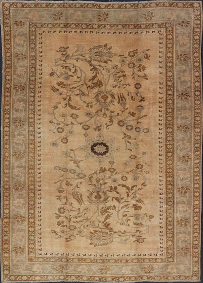 Vintage Turkish Oushak Rug with Detailed Vines and Flowers Measures: 6'9 x 9'11 The Oushak wool rug features two oversized medallions with detailed vines and flowers. A framework of floral motifs and stylized branches form the border and ... - Keivan Woven ArtsEN - 87601 - 870Rug