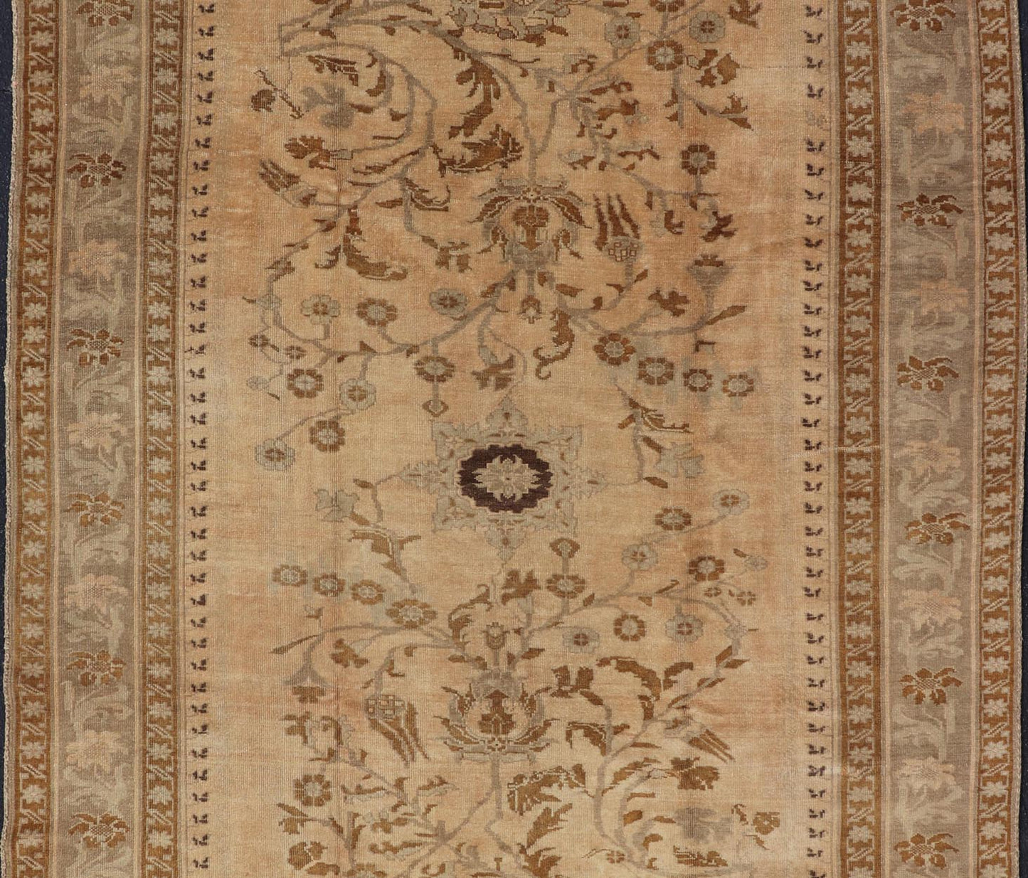 Vintage Turkish Oushak Rug with Detailed Vines and Flowers Measures: 6'9 x 9'11 The Oushak wool rug features two oversized medallions with detailed vines and flowers. A framework of floral motifs and stylized branches form the border and ... - Keivan Woven ArtsEN - 87601 - 870Rug