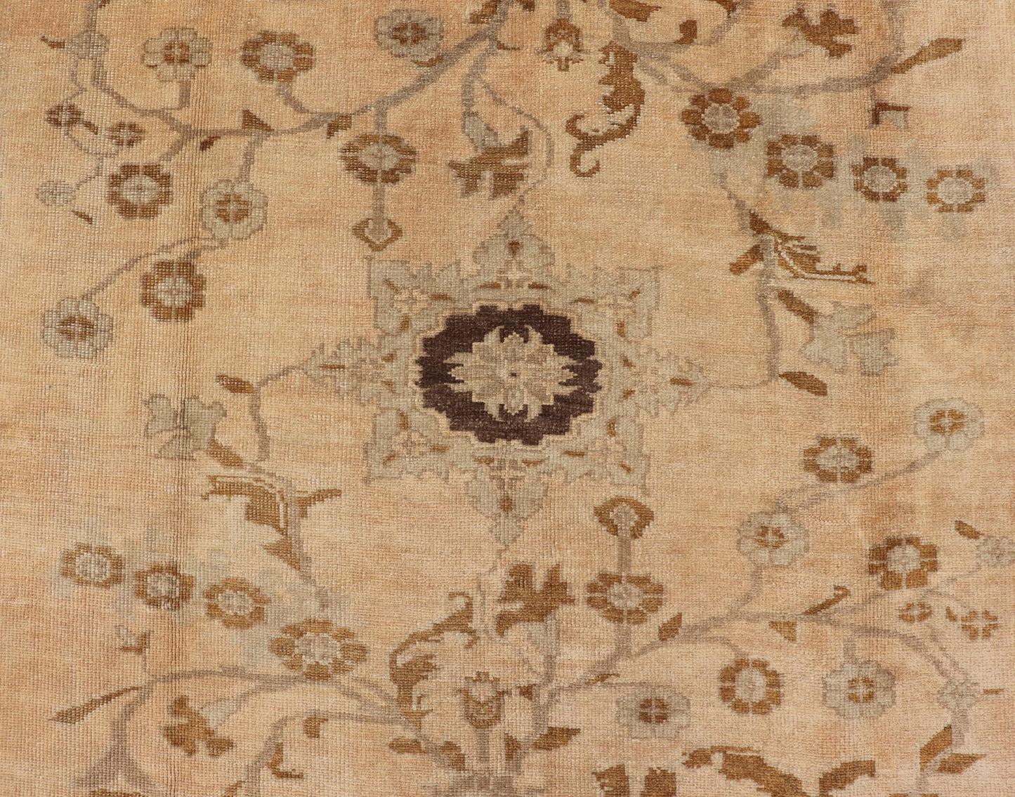 Vintage Turkish Oushak Rug with Detailed Vines and Flowers Measures: 6'9 x 9'11 The Oushak wool rug features two oversized medallions with detailed vines and flowers. A framework of floral motifs and stylized branches form the border and ... - Keivan Woven ArtsEN - 87601 - 870Rug