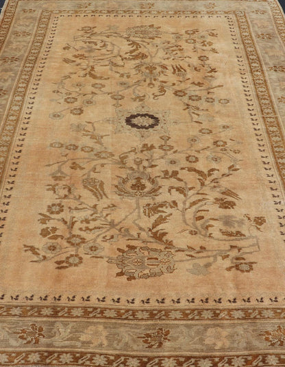 Vintage Turkish Oushak Rug with Detailed Vines and Flowers Measures: 6'9 x 9'11 The Oushak wool rug features two oversized medallions with detailed vines and flowers. A framework of floral motifs and stylized branches form the border and ... - Keivan Woven ArtsEN - 87601 - 870Rug