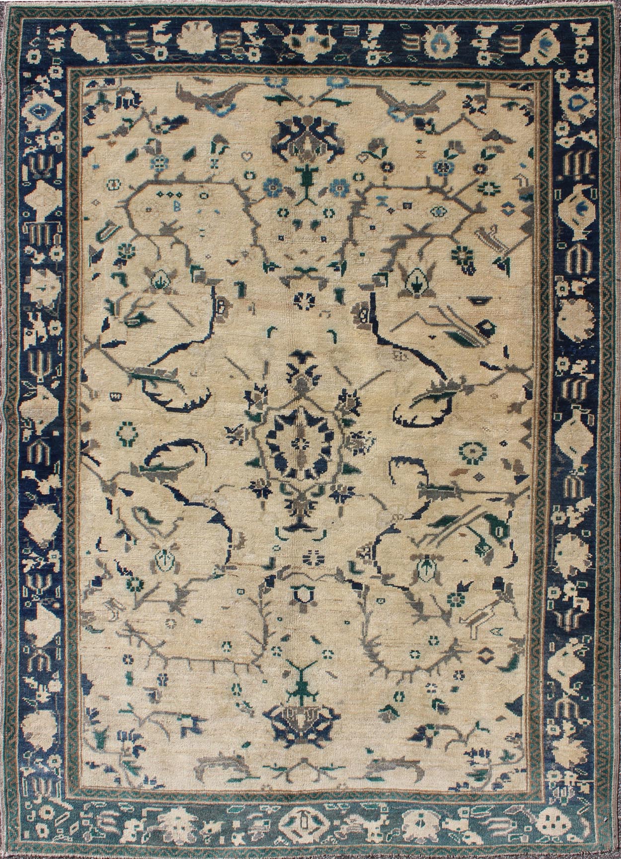 Vintage Turkish Oushak Rug with Vining Florals in Cream and Sapphire Blue Turkish Oushak Rug Vintage with Vining Florals rug/en - 92194, origin/turkey kwarugs This Oushak rug features a unique blend of colors and an intricately beautifu... - Keivan Woven ArtsEN - 92194 - 1640Rug