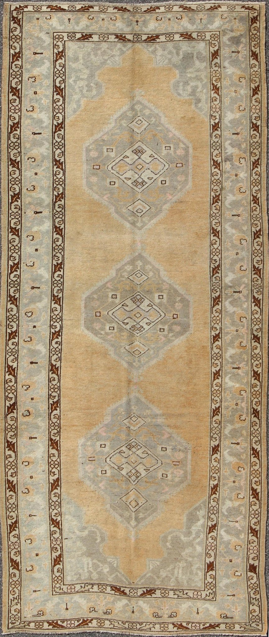 Vintage Turkish Oushak Runner With Stylized Medallions in Golden Peach, Light Green and Brown. rug en - 92478, country of origin / type: Turkey / Oushak, circa 1940 This vintage Turkish Oushak gallery runner (circa mid - 20th century) features a uni... - Keivan Woven ArtsEN - 92478 - 1454Rug