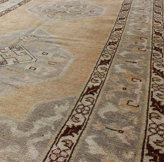 Vintage Turkish Oushak Runner With Stylized Medallions in Golden Peach, Light Green and Brown. rug en - 92478, country of origin / type: Turkey / Oushak, circa 1940 This vintage Turkish Oushak gallery runner (circa mid - 20th century) features a uni... - Keivan Woven ArtsEN - 92478 - 1454Rug