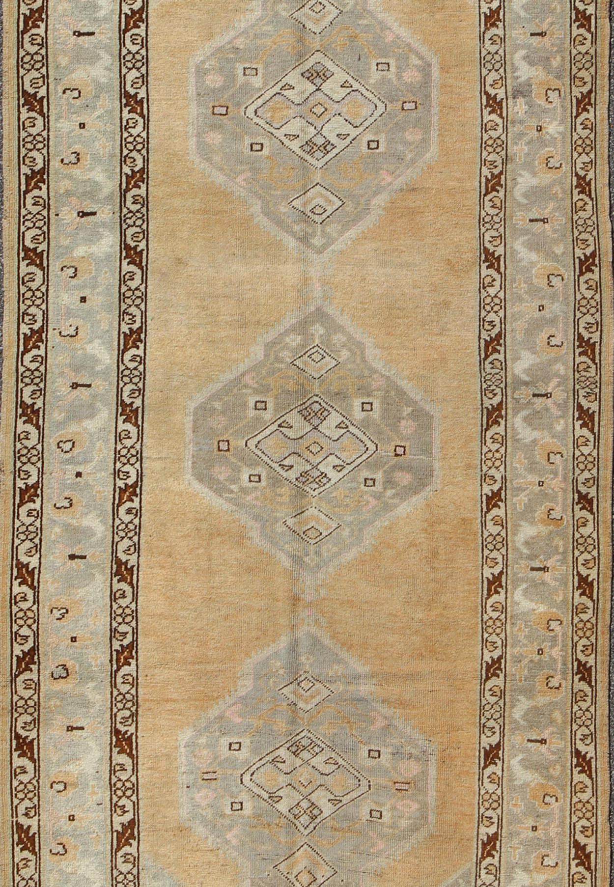 Vintage Turkish Oushak Runner With Stylized Medallions in Golden Peach, Light Green and Brown. rug en - 92478, country of origin / type: Turkey / Oushak, circa 1940 This vintage Turkish Oushak gallery runner (circa mid - 20th century) features a uni... - Keivan Woven ArtsEN - 92478 - 1454Rug