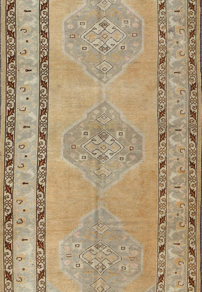 Vintage Turkish Oushak Runner With Stylized Medallions in Golden Peach, Light Green and Brown. rug en - 92478, country of origin / type: Turkey / Oushak, circa 1940 This vintage Turkish Oushak gallery runner (circa mid - 20th century) features a uni... - Keivan Woven ArtsEN - 92478 - 1454Rug