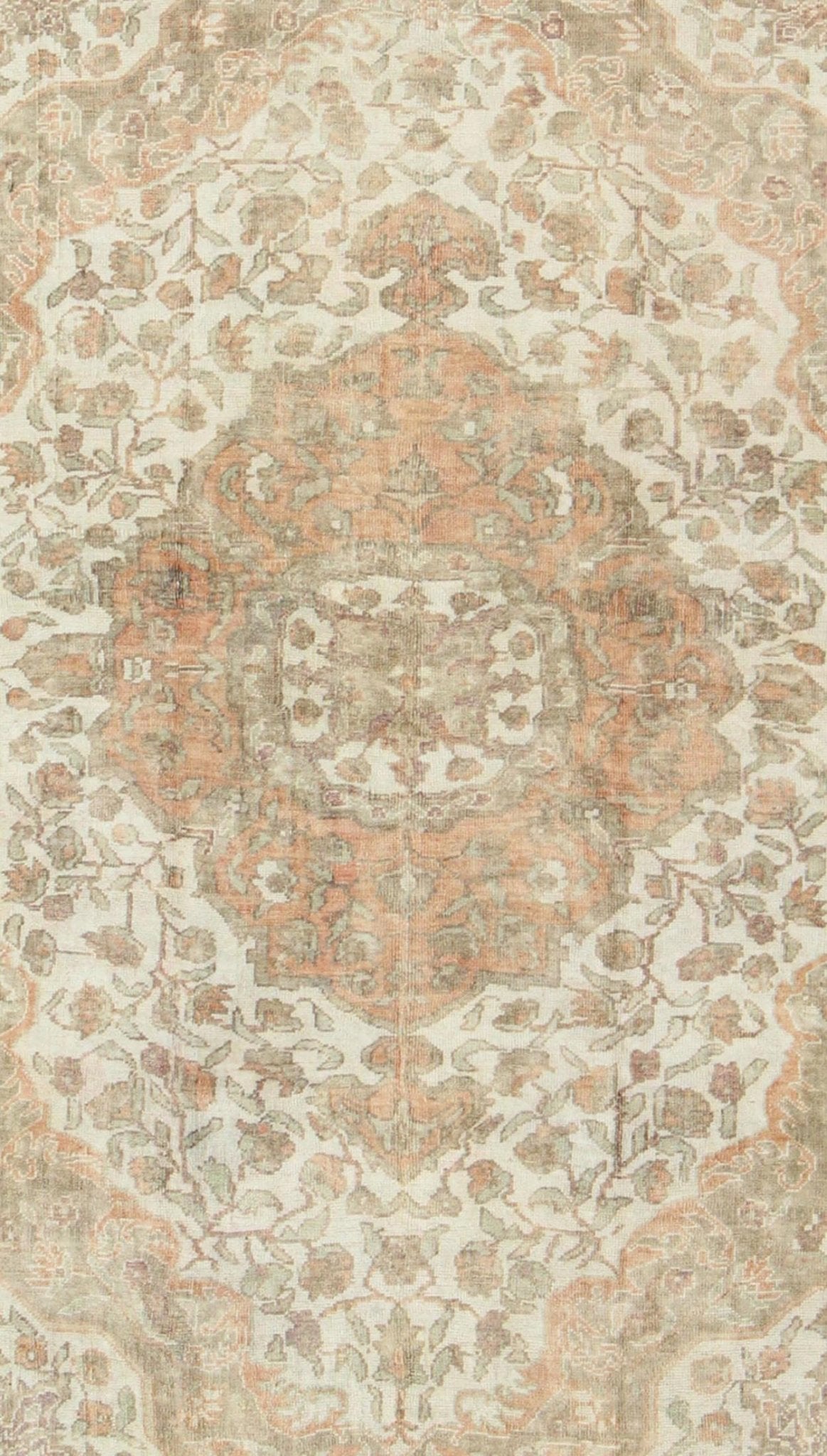 Vintage Turkish Oushak Rug in Peach, Ivory, Light Blue, and Light Green Measures: 6'9 x 9'3. This wonderful medallion Oushak features a soft color palette. The border has flowers connected by vines while the field also features a flower... - Keivan Woven ArtsEN - 92744 - 1656Rug
