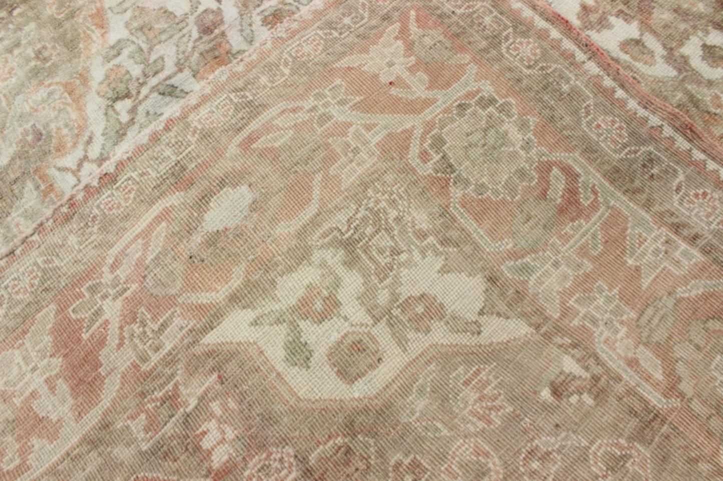 Vintage Turkish Oushak Rug in Peach, Ivory, Light Blue, and Light Green Measures: 6'9 x 9'3. This wonderful medallion Oushak features a soft color palette. The border has flowers connected by vines while the field also features a flower... - Keivan Woven ArtsEN - 92744 - 1656Rug