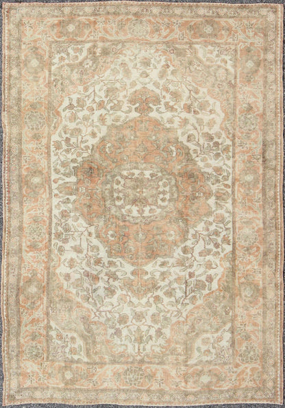 Vintage Turkish Oushak Rug in Peach, Ivory, Light Blue, and Light Green Measures: 6'9 x 9'3. This wonderful medallion Oushak features a soft color palette. The border has flowers connected by vines while the field also features a flower... - Keivan Woven ArtsEN - 92744 - 1656Rug
