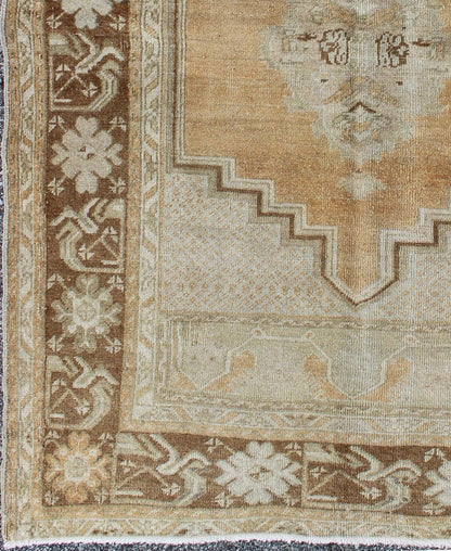 Vintage Oushak Rug in Brown, L. Orange, Camel & L. Taupe Gray. Vintage medallion Oushak in soft tones and brown border, Keivan Woven Arts/ rug, EN - 92950, Origin/ Turkey, Circa Mid century, All wool hand knotted vintage rug, Vintage Turkish rug, vintage... - Keivan Woven ArtsEN - 92950 - 1666Rug
