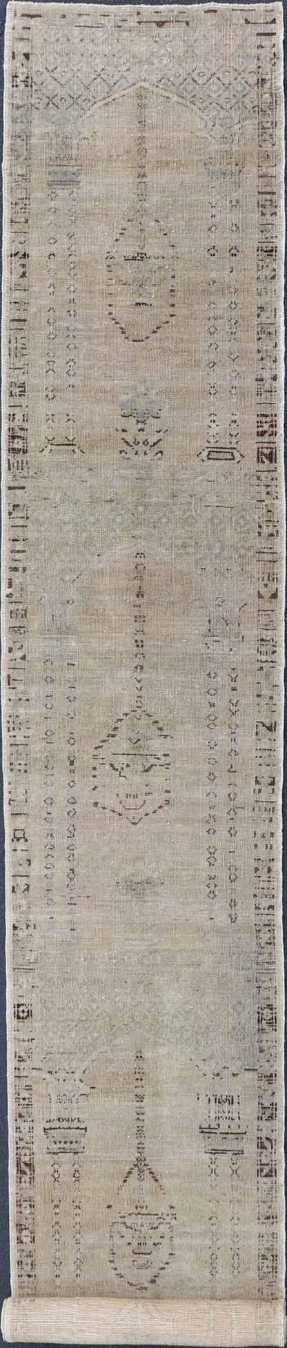 Skinny Long Turkish Runner with Floral Design in Taupe, Gray, and Brown. Distressed Turkish long and narrow runner with floral design and neutral colors. rug/EN - 94027, 1940 vintage Oushak runner Measures:2'5 x 17'3 This vintag... - Keivan Woven ArtsEN - 94027 - 1863Rug