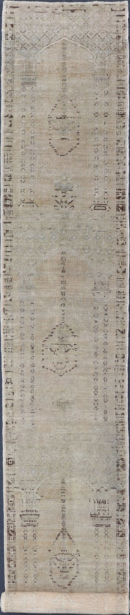 Skinny Long Turkish Runner with Floral Design in Taupe, Gray, and Brown. Distressed Turkish long and narrow runner with floral design and neutral colors. rug/EN - 94027, 1940 vintage Oushak runner Measures:2'5 x 17'3 This vintag... - Keivan Woven ArtsEN - 94027 - 1863Rug