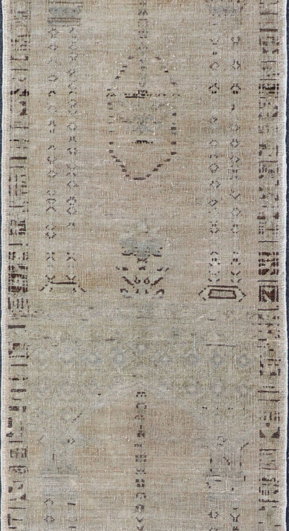 Skinny Long Turkish Runner with Floral Design in Taupe, Gray, and Brown. Distressed Turkish long and narrow runner with floral design and neutral colors. rug/EN - 94027, 1940 vintage Oushak runner Measures:2'5 x 17'3 This vintag... - Keivan Woven ArtsEN - 94027 - 1863Rug