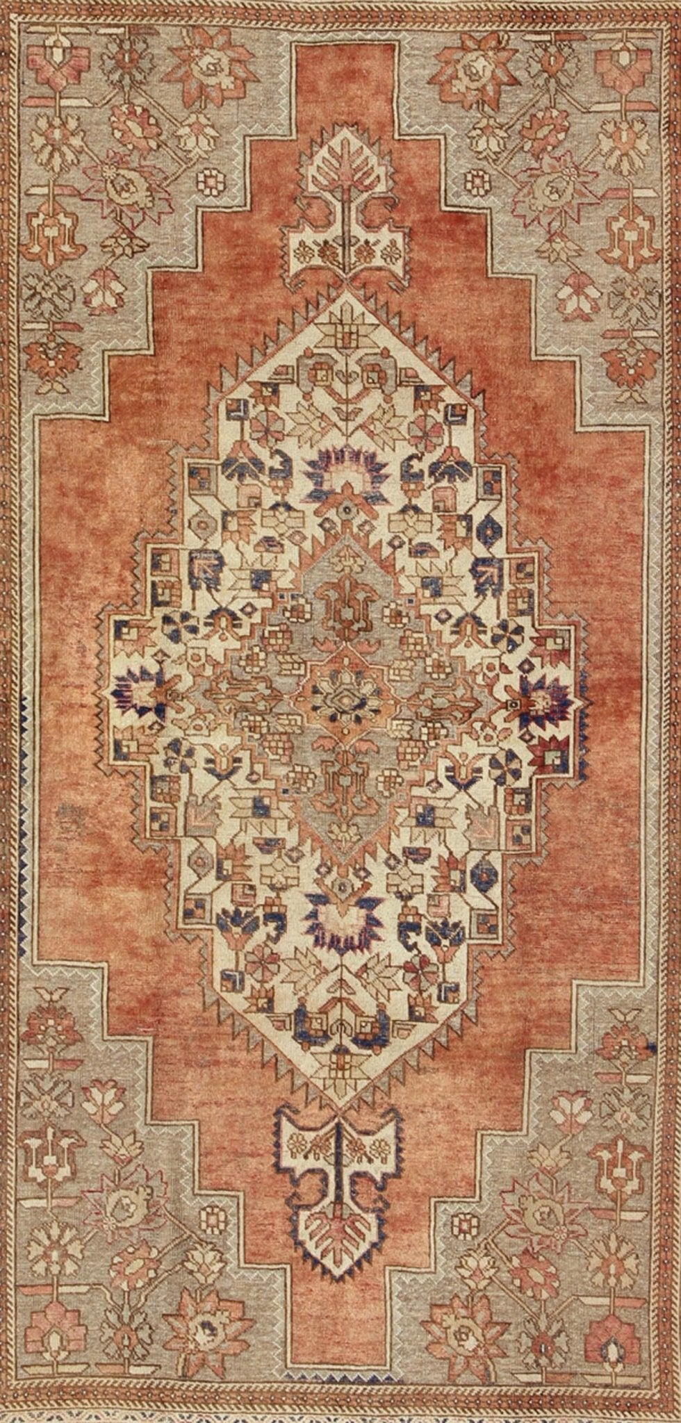 Vintage Turkish Oushak Rug This beautiful Turkish Oushak Rug has a medium blue color with a light orange background. The center medallion has earth tones with blues. The border has a rolling flower pattern. There are colors such as creamy yellow... - Keivan Woven ArtsEN - 94108 - 3158Rug