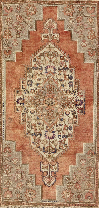 Vintage Turkish Oushak Rug This beautiful Turkish Oushak Rug has a medium blue color with a light orange background. The center medallion has earth tones with blues. The border has a rolling flower pattern. There are colors such as creamy yellow... - Keivan Woven ArtsEN - 94108 - 3158Rug