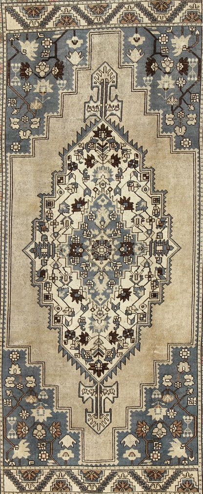 Vintage Turkish Medallion Oushak Rug in Rustic Blue, Mocha, and Taupe Measures: 7'2 x 12'9 Unique in its color palette and composition, this vintage Oushak features large - scale motifs and a central medallion. The field design is rendered... - Keivan Woven ArtsEN - 94123 - 3814Rug