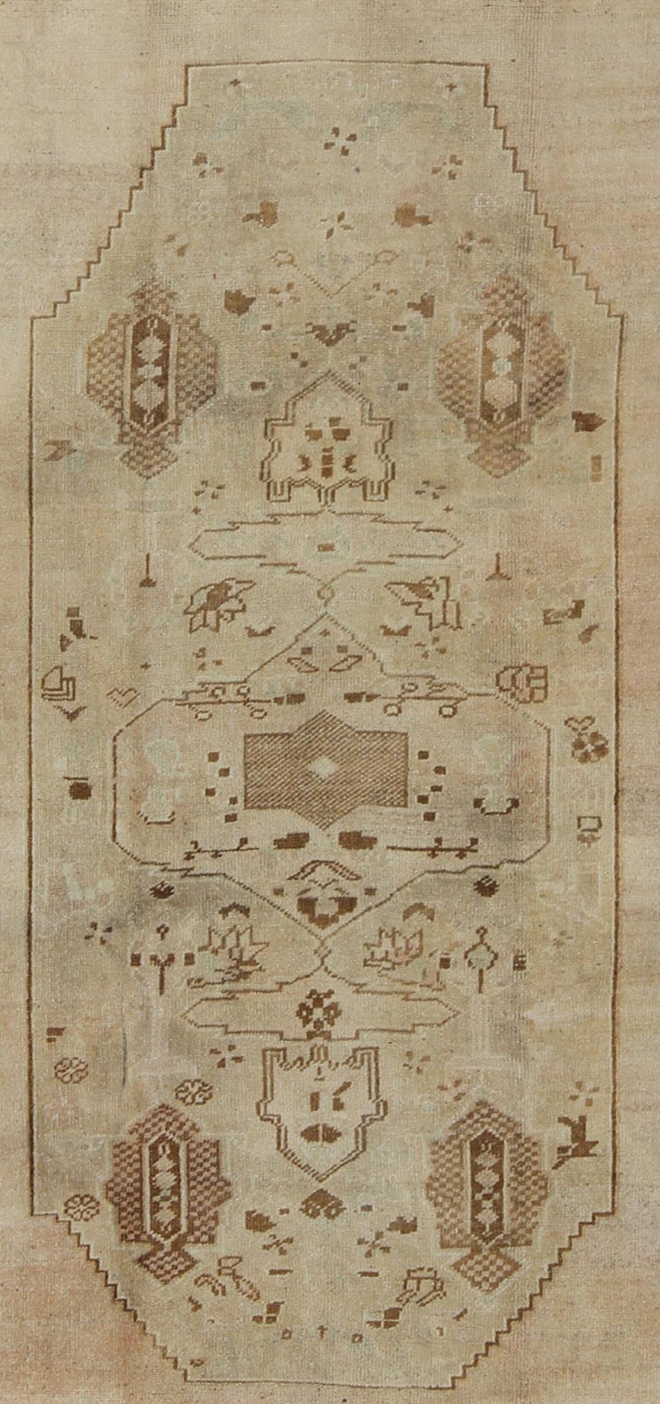 Vintage Turkish Oushak Rug with Tribal Motifs in Shades of Brown and Cream kwarugs Vintage Turkish Oushak rug with tribal motifs in shades of brown, cream and light blush rug en - 94353, country of origin / type: Turkey / Oushak, circa 1940 ... - Keivan Woven ArtsEN - 94353 - 906Rug