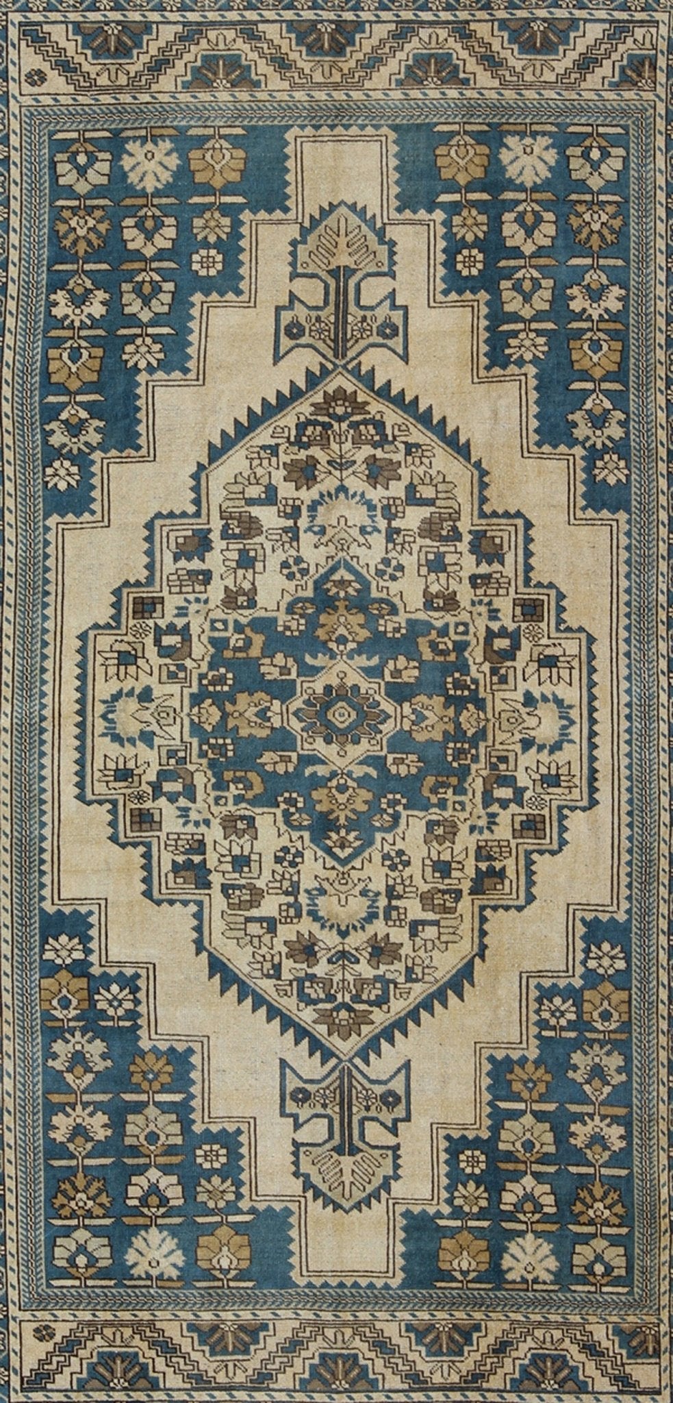 Turkish Vintage Rug With Geometric Design in Blue, Gold and Cream Colors. Keivan Woven Arts/ rug/EN - 94362. Vintage Oushak, Blue Oushak Measures: 11'8 x 7'6 This vintage Turkish Oushak carpet was crafted around the 1940s and displays a be... - Keivan Woven ArtsEN - 94362 - 826Rug