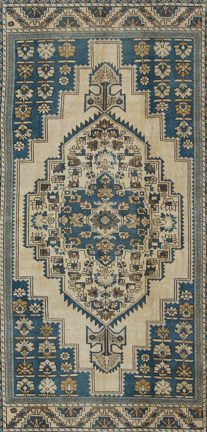 Turkish Vintage Rug With Geometric Design in Blue, Gold and Cream Colors. Keivan Woven Arts/ rug/EN - 94362. Vintage Oushak, Blue Oushak Measures: 11'8 x 7'6 This vintage Turkish Oushak carpet was crafted around the 1940s and displays a be... - Keivan Woven ArtsEN - 94362 - 826Rug