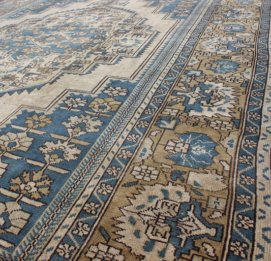 Turkish Vintage Rug With Geometric Design in Blue, Gold and Cream Colors. Keivan Woven Arts/ rug/EN - 94362. Vintage Oushak, Blue Oushak Measures: 11'8 x 7'6 This vintage Turkish Oushak carpet was crafted around the 1940s and displays a be... - Keivan Woven ArtsEN - 94362 - 826Rug