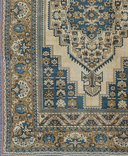 Turkish Vintage Rug With Geometric Design in Blue, Gold and Cream Colors. Keivan Woven Arts/ rug/EN - 94362. Vintage Oushak, Blue Oushak Measures: 11'8 x 7'6 This vintage Turkish Oushak carpet was crafted around the 1940s and displays a be... - Keivan Woven ArtsEN - 94362 - 826Rug