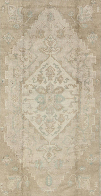 Turkish Vintage Oushak Medallion Rug With Muted Colors in Earth Tones. Keivan Woven Arts / rug EN - 951, country of origin / type: Turkey / Oushak, circa 1950. Measures: 6'9 x 10'5. This striking vintage Turkish Oushak rug bears an cream - colored bo... - Keivan Woven ArtsEN - 951 - 4874Rug