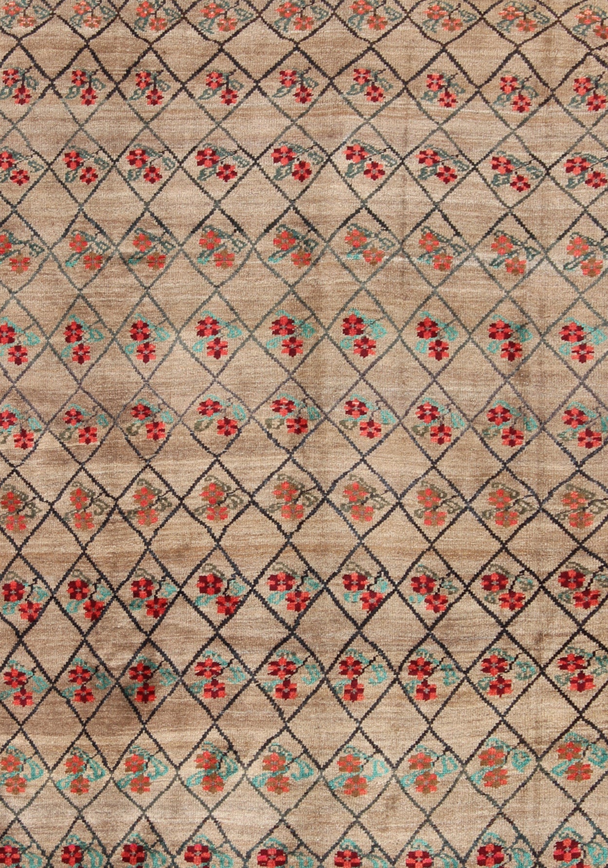 Turkish Konya Carpet in Camel Color Background, Red, Charcoal, Coral and Green. This colorful Turkish carpet rests beautifully upon a field of camel and light brown. A repeating flower pattern of taupe, green and gray takes center stage and is w... - Keivan Woven ArtsEN - 966 - 5434Rug